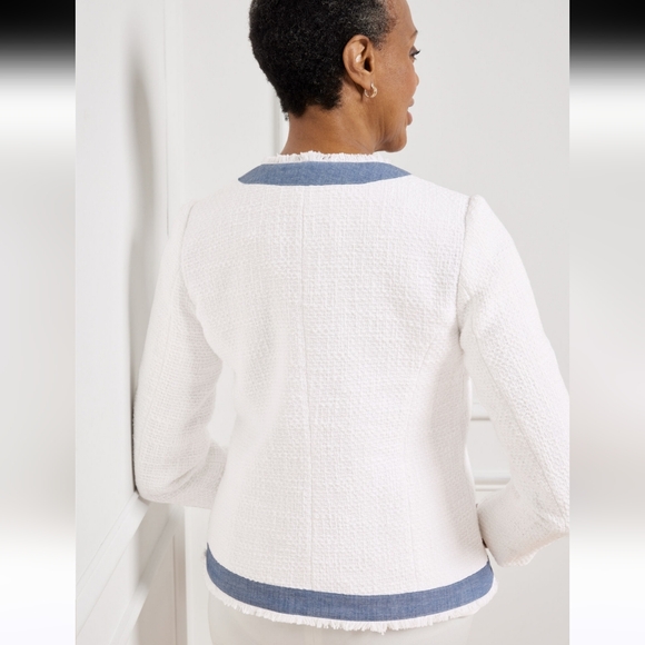 Talbots Petites White Denim Tweed Blazer Jacket Size 12P Button Up Fringed Chic - Picture 8 of 16